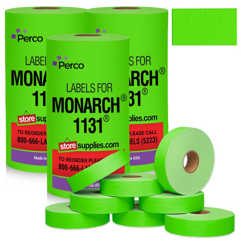 Perco Fluorescent Green Pricing Labels for Monarch 1131 Price Gun â€“ 3 Sleeves, 24 Rolls Value Pack - 60,000 Price Marking Labels â€“ with Ink Rolls Included - Image 1